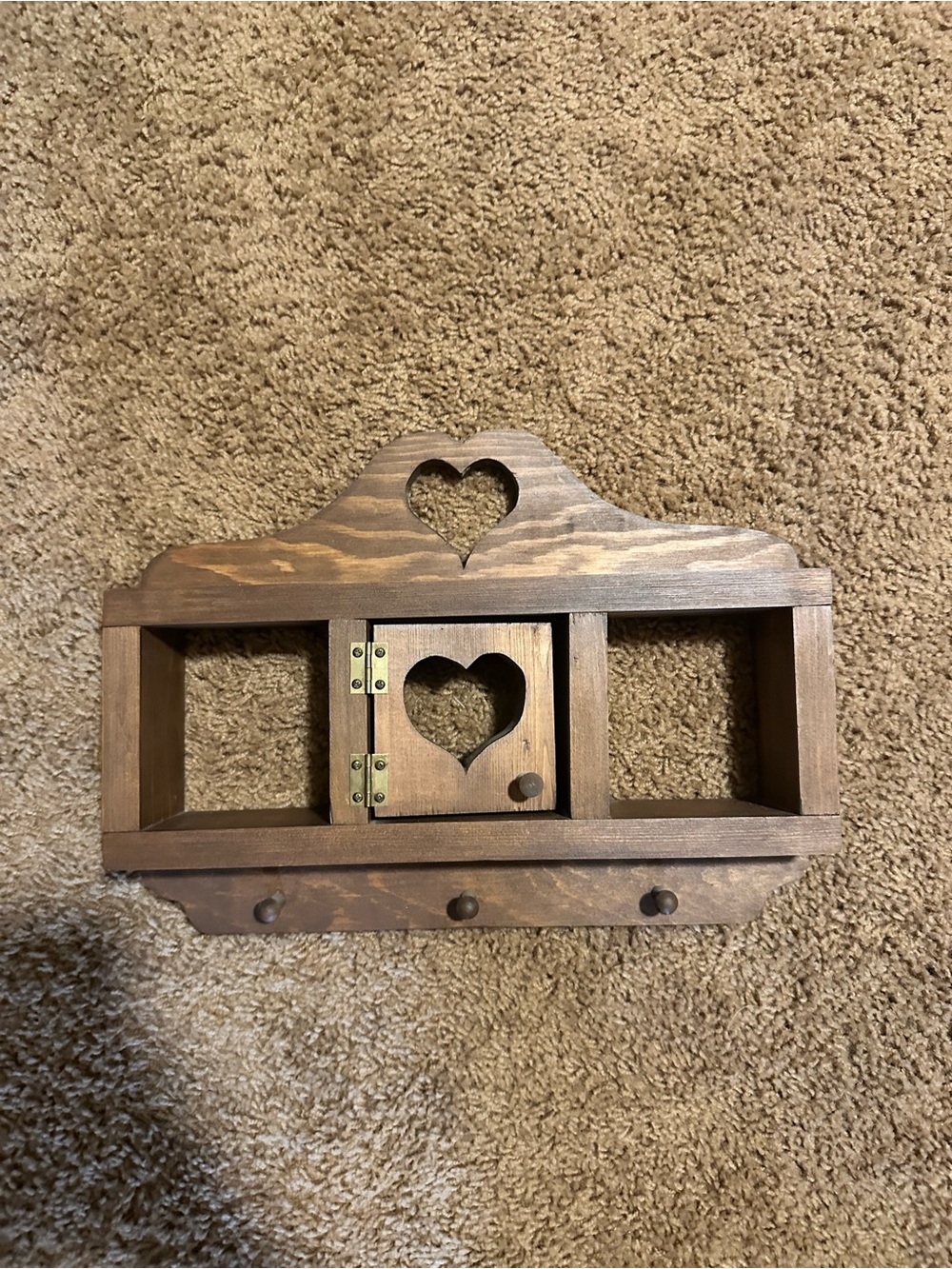 Rustic Brown Heart Cutout Wooden Wall Shelf with Hooks